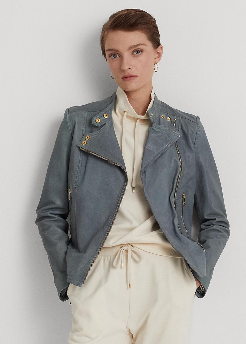 Kurtka Lauren Damska Niebieskie Burnished Skórzane Moto 267891-GVM